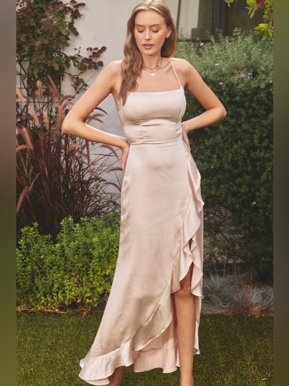 Dress Forum Champagne Satin Lace-Up Back Ruffle Maxi Dress Size M - Picture 14 of 16